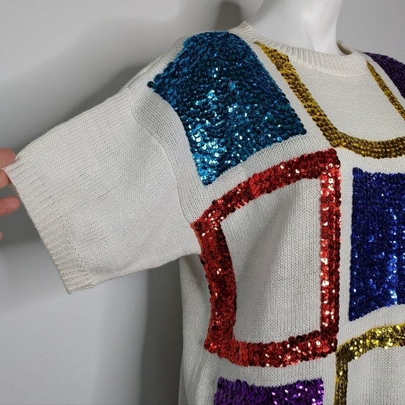 NWT All Points Dead stock white colorful sequin short sleeve sweater L - Picture 4 of 9